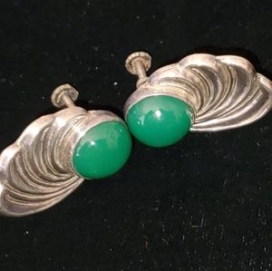 Silver Mexico Green Onyx Winged Earrings